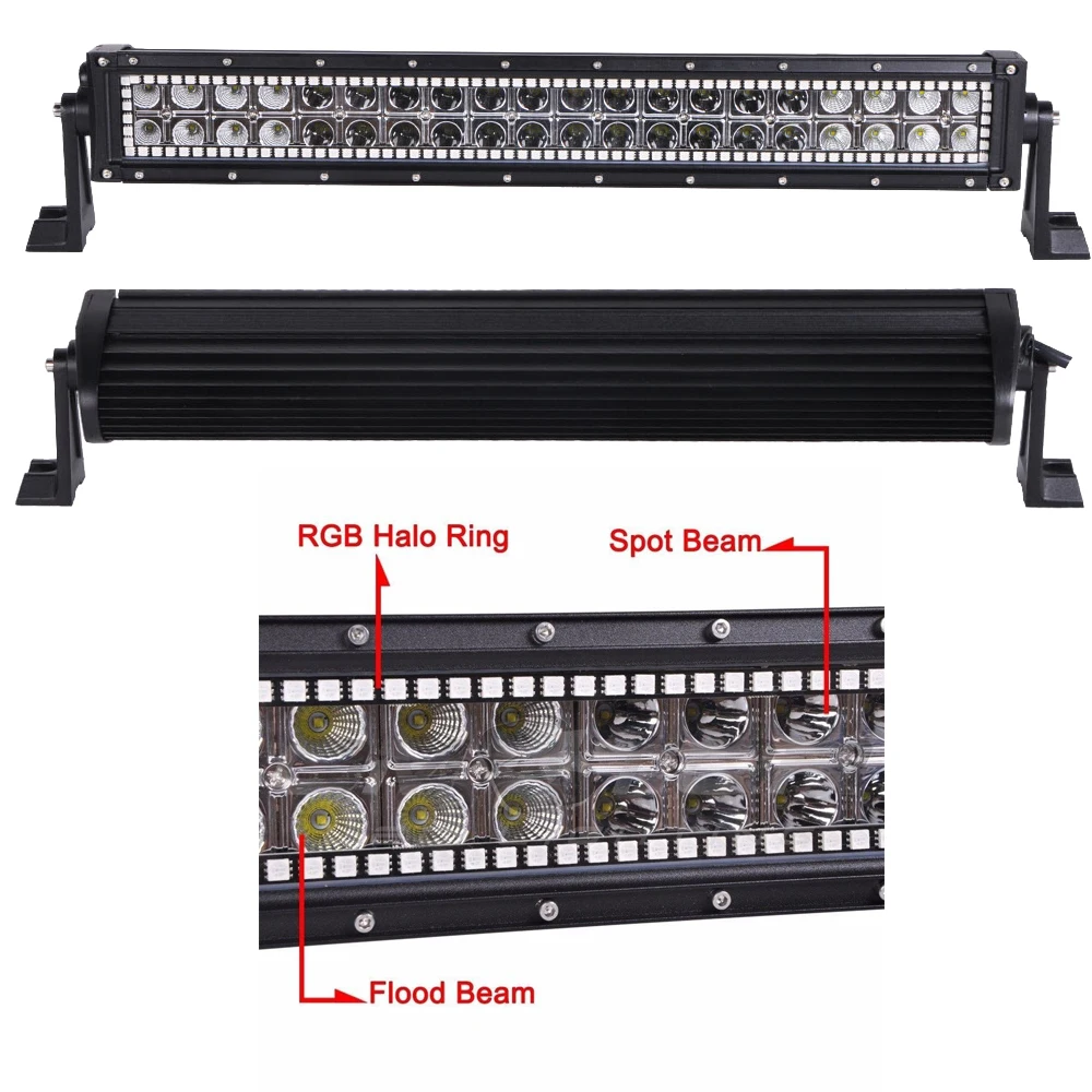 22inch 120W Led Light Bar Spot Flood Combo & 2pcs 3inch Spot Pods w/ Chasing RGB Halo Color Change Stroeb Music Flash & Wiring