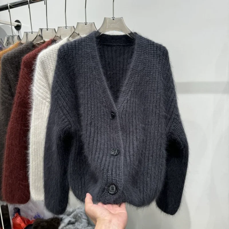 

Утолщенный норковый кашемировый кардиган с длинными рукавами в ленивом стиле, осень-зима, темпераментный тонкий повседневный мягкий вязаный свитер с v-образным вырезом для женщин