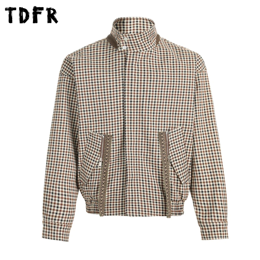 

Куртка-карго в клетку в стиле ретро, мужская куртка-карго со сращенными карманами, повседневная осенняя куртка в стиле ретро с длинным рукавом и воротником-стойкой, мужская верхняя одежда