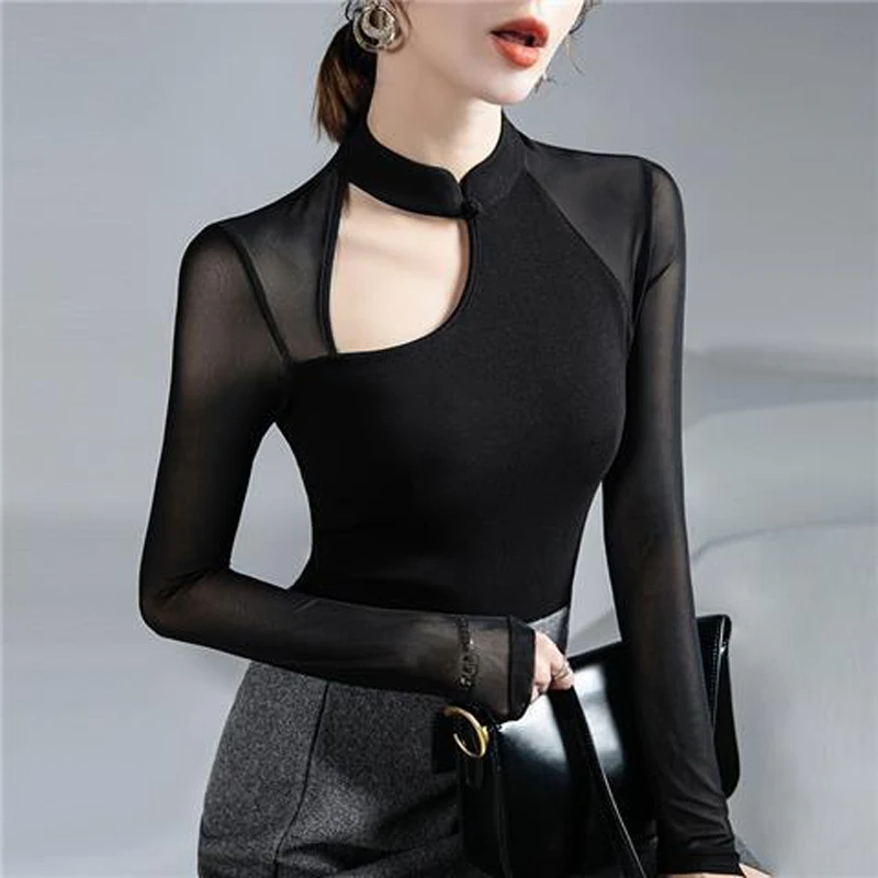 Vintage Sexy Hollow przepuszczalność Mesh Office Lady Basic Club t-shirty damskie czarna długa, obcisła bluzka z długim rękawem Top odzież damska