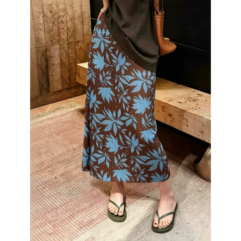 Miyake Pleated Printed Skirt Plisse 2026 Summer New French Elegant Jupe Texture Elastic Waist A-Line Mid-Length Skirt for Women