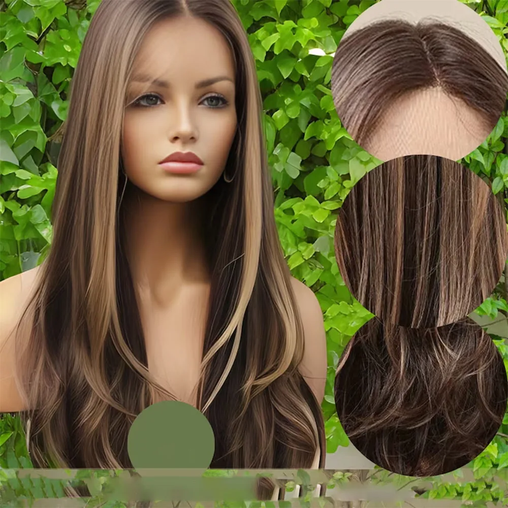 HIghlight Brown Soft Long 26'' Straight Natural 5x5 Silk Base Jewish Human Hair Wig Baby Hair HD Lace European Hair Preplucked