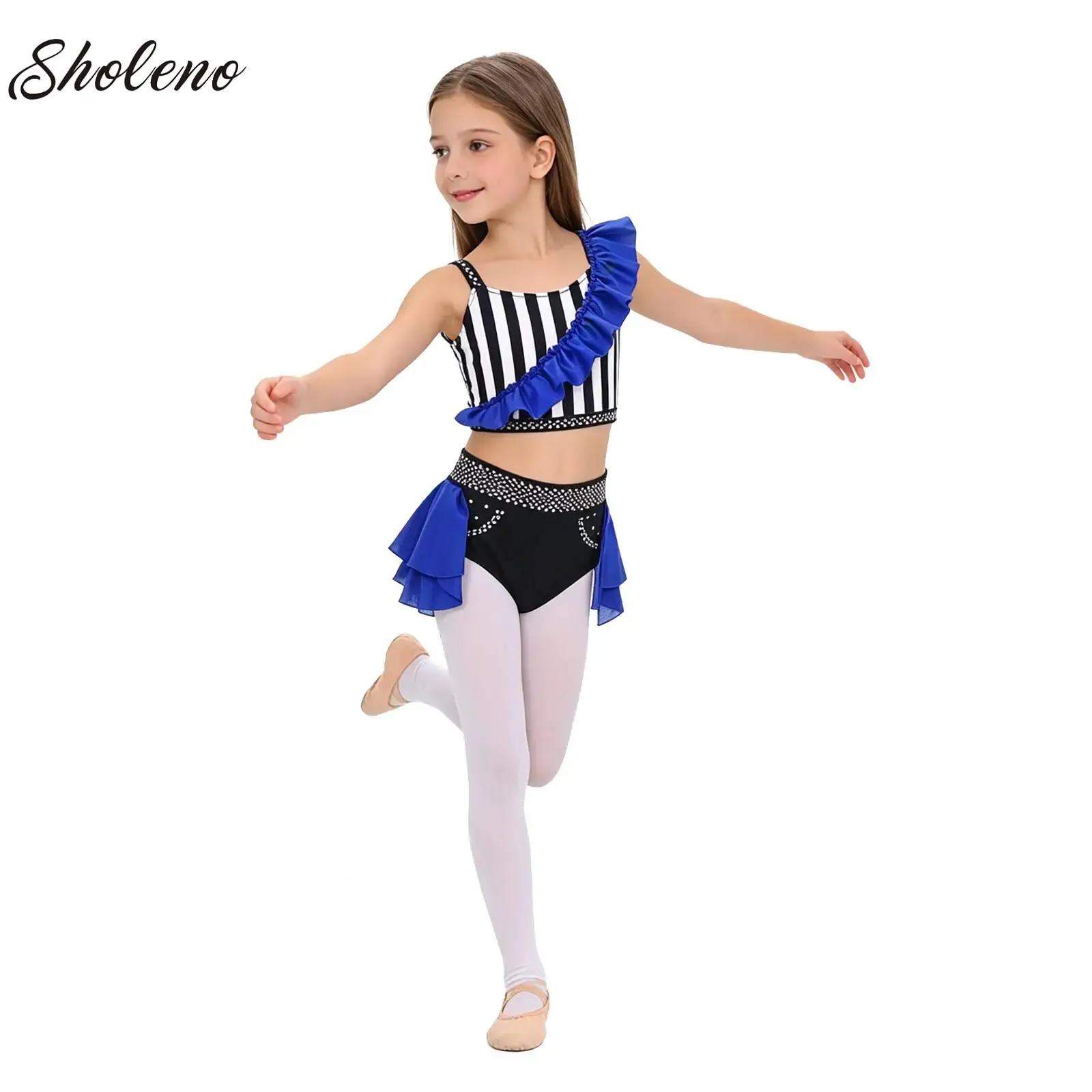 Kids Girls Ballet Lyrical Dance Sets Sleeveless Rhinestones Vest with Briefs Suit Circus Ringmaster Stage Performance Clothes