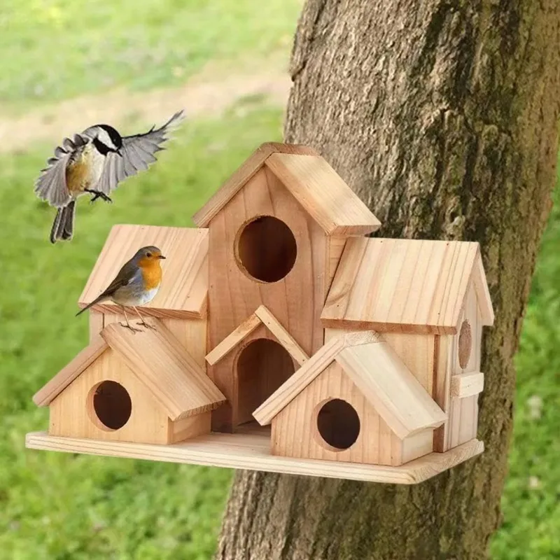 

Подвесной птичий домик из натуральной сосны, ручная работа с 6 отверстиями, используемый для украшения садоводства и для небольших утечек птиц