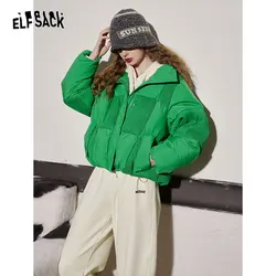 ELFSACK Green Spliced Warm Down Coats Women 2023 Winter Loose Short Casual Outwears