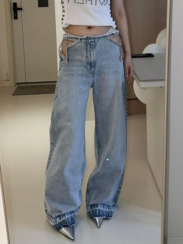 American Street Spice Girls Stars Hollow Hot Diamond Jeans Children's Summer Retro Design Versatile Mopping Pants Tide