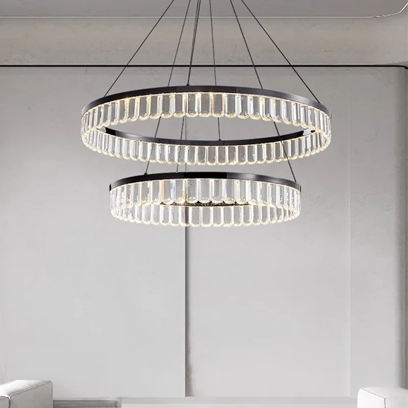 Italian minimalist crystal chandelier living room, light luxury atmosphere, black modern and simple designer dining room