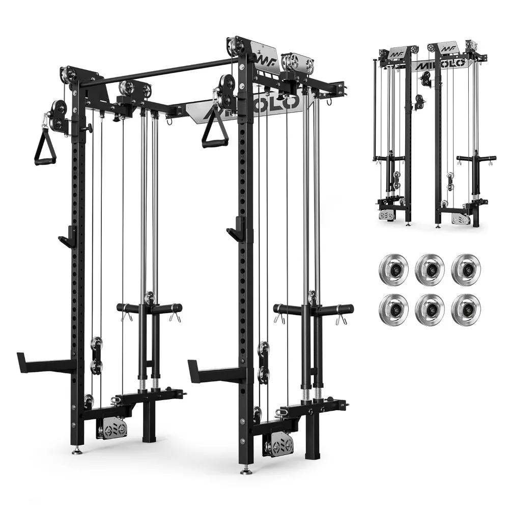 Folding Wall Mounted Squat Rack with Cable Crossover & LAT Pull Down, 5 Adjustable Modes for Home Gym, Custom