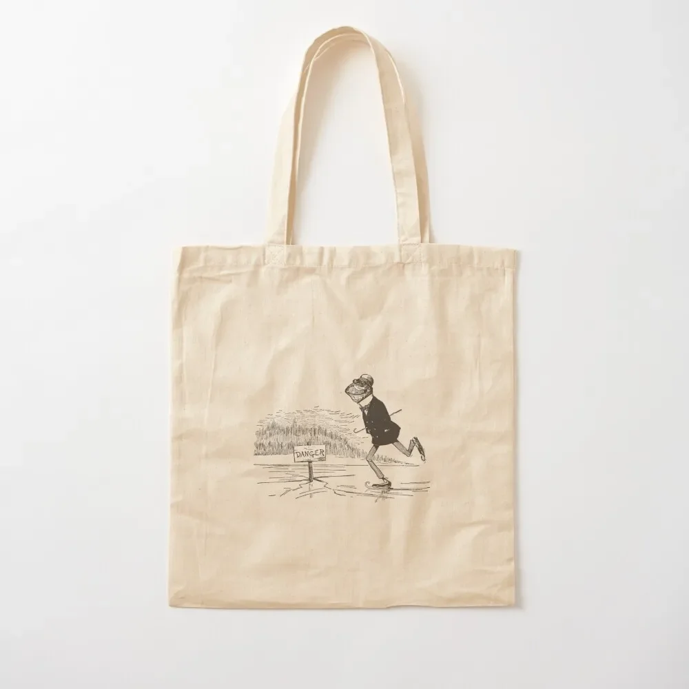 Frog Ice Skating on Frozen Lake: Vintage Cottagecore Aesthetic, Skater Toad in Old Style Tote Bag bags luxury women Bag