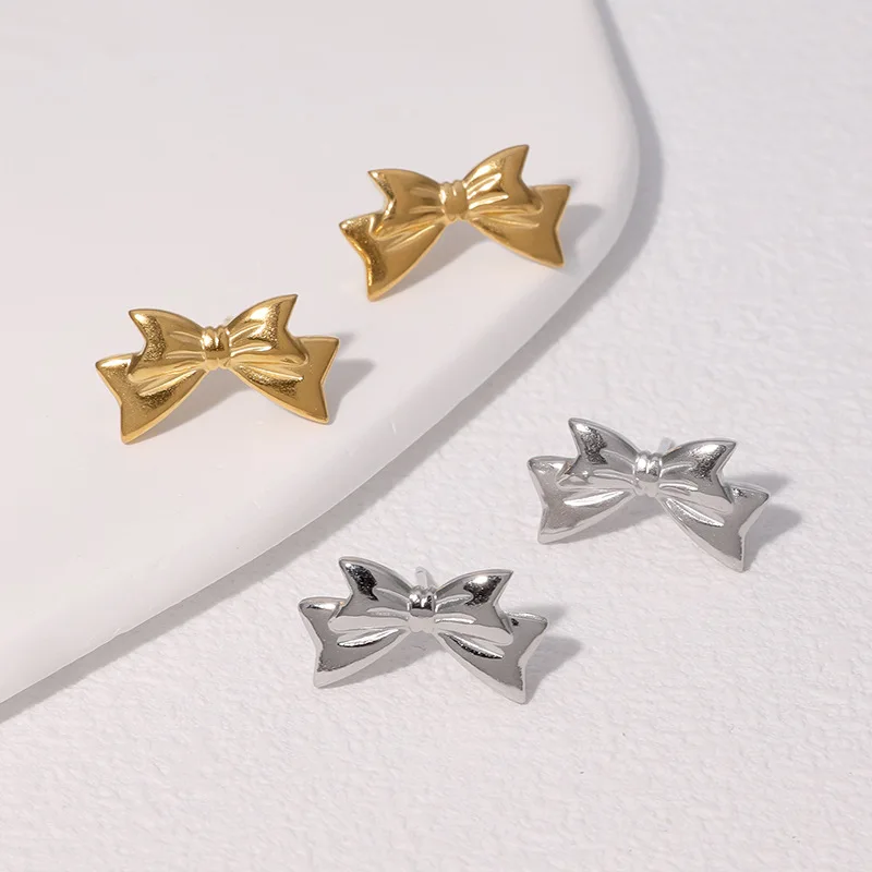 Luxury Exquisite Bow Stainless Steel Stud Earrings for Women Fashion Party Jewelry Metal Ear Piercing Allergy Prevent