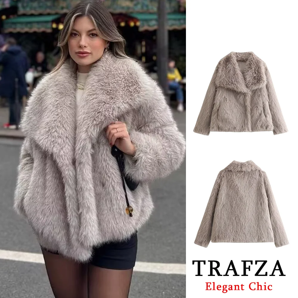 TRAFZA elegante inverno sciolto cappotto di pelliccia sintetica giacca da donna con risvolto nuovo 2024 inverno moda glamour cappotto di pelliccia sintetica High Street