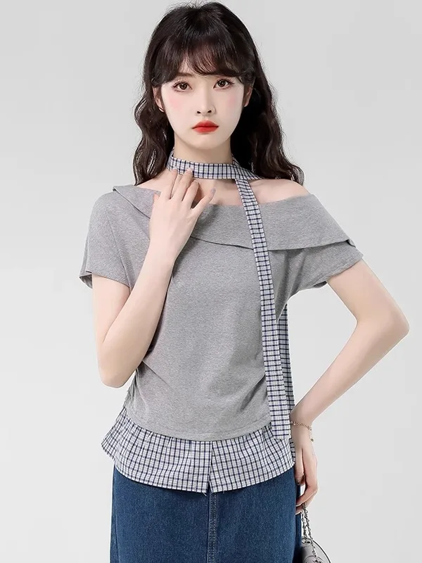

ay ort Sve Asymmetrical Collar T-irt Women's Summer New Sle Base Not Colion Pattern Fake Two-Piece Top