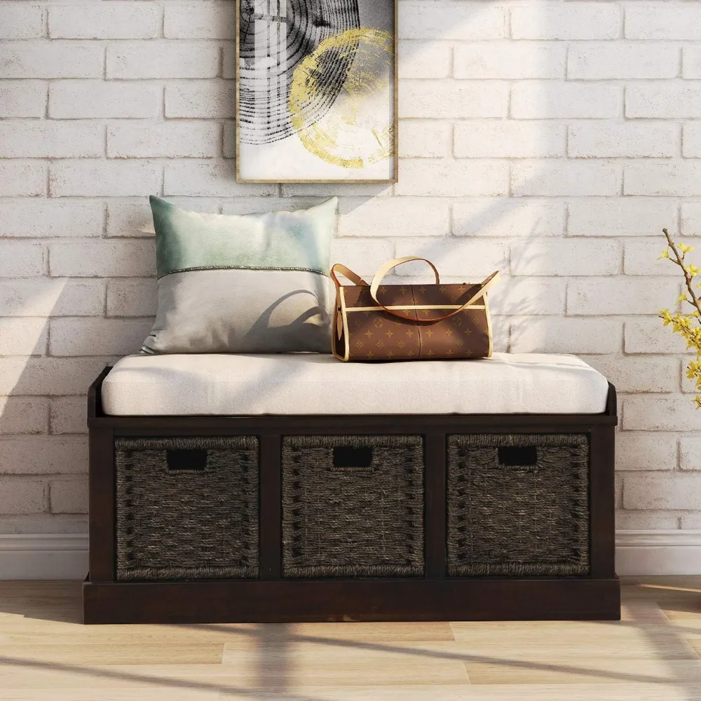 

Storage Bench Entryway Storage Bench with 3 Removable Basket, Shoe Bench Fully Assemble Storage Bench with Removable Cushion fo