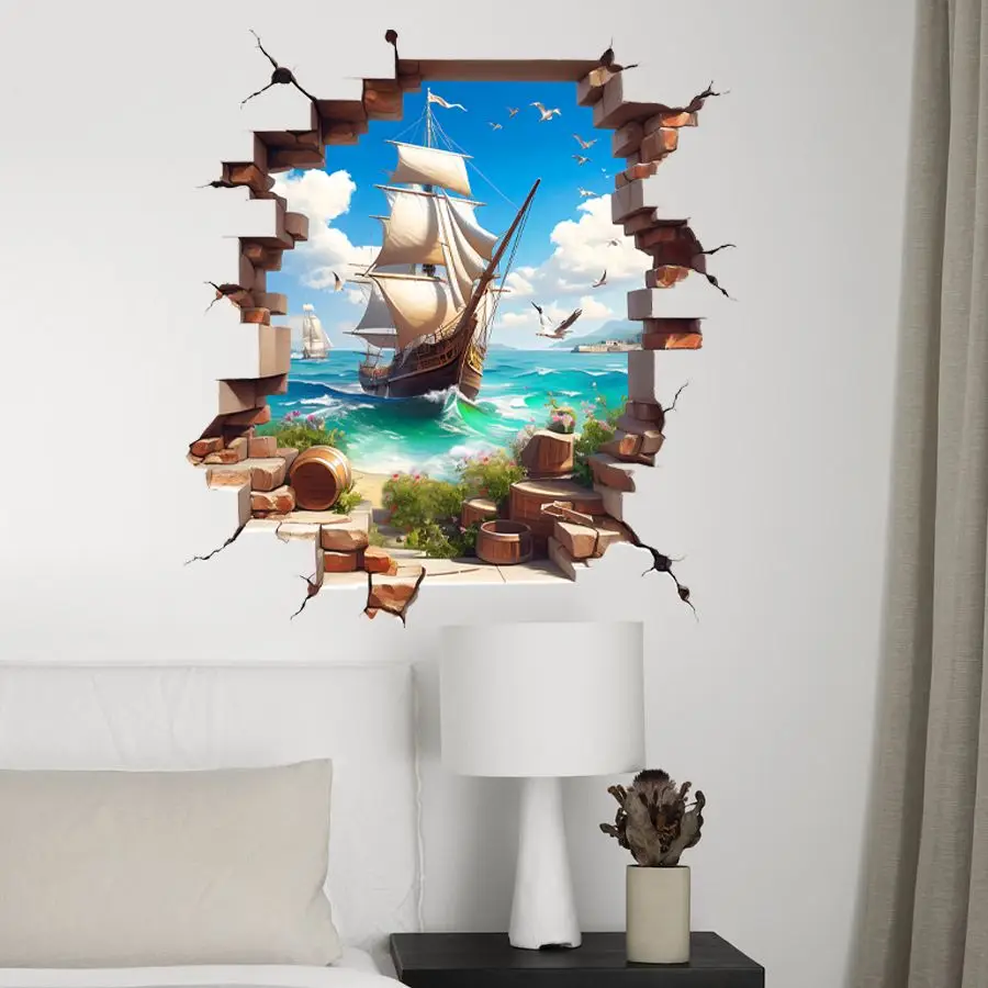 Broken Wall Decoration Stickers, Boat, Marine Style, Bathroom B151