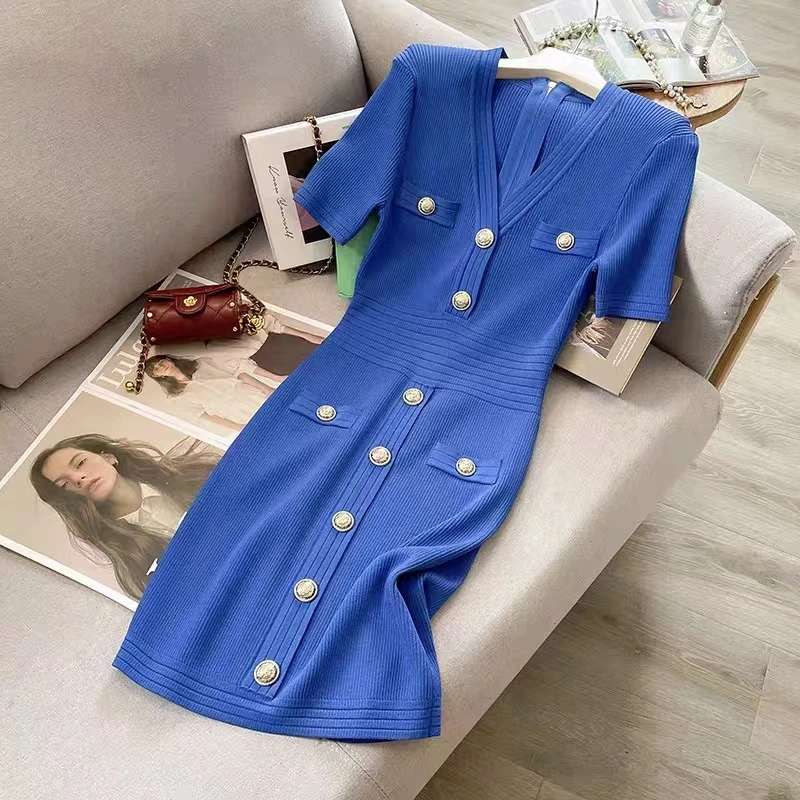 

High Quality Extended Summer New Style Fashionable Temperament Socialite Style Women's Knitted V-Neck Short Sleeved Dress