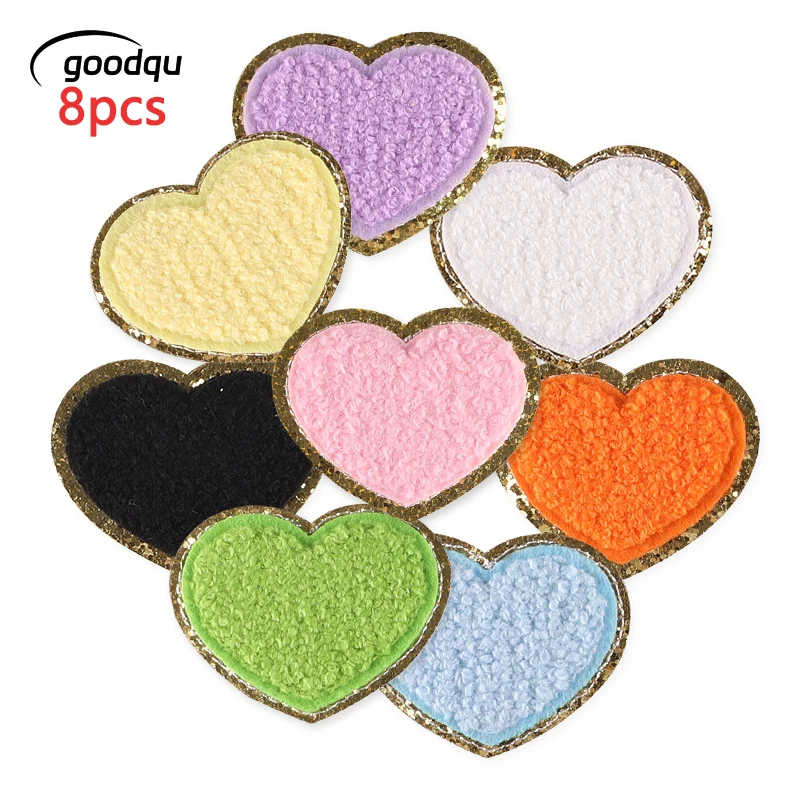 8 Pcs Chenille Patches Heart Lot For Clothes Kids Iron On Embroidered Jacket Cute Sew Termoadhesivos Girls Pack Diy Parches Ropa