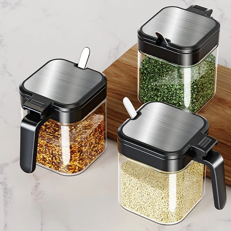 

1PC Transparent Glass Spice Jars with Spoons Airtight Kitchen Containers for Salt Sugar Seasoning Pantry Organization Box Kit