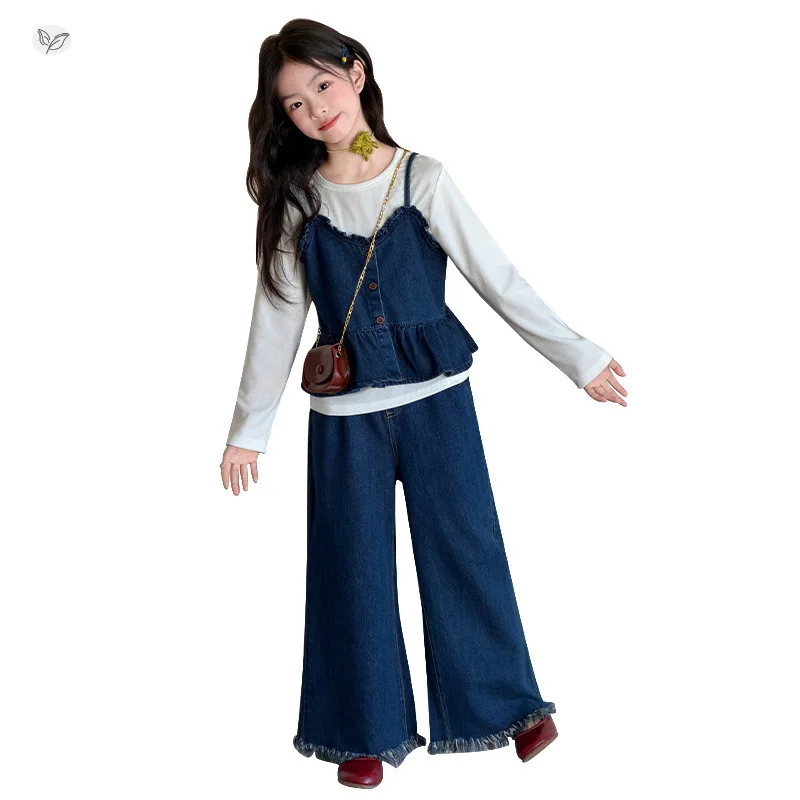 

Girls' Denim Suit 2026 Spring New Lace Suspenders Fringed Wide-leg Pants Medium and Older Children's Spring Three-piece Set