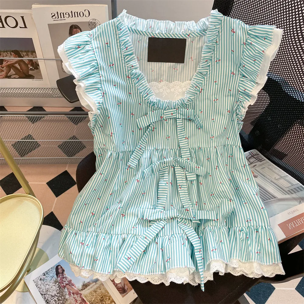 

French Style Sweet Cherry Striped Bow Shirt Spring Summer New Women's Shirt Design Sense Retro Fashion Cute Short Sleeve Top