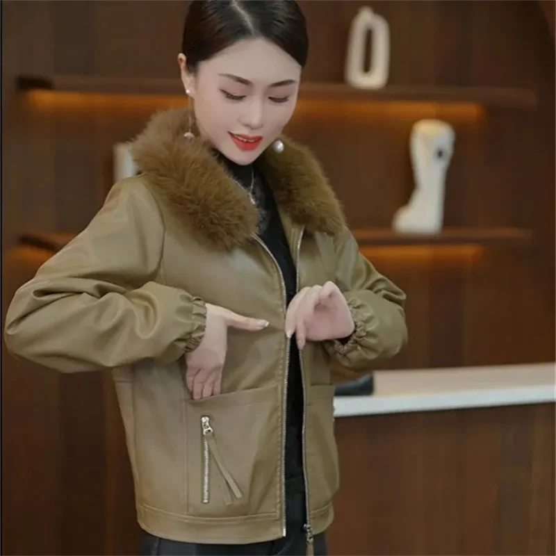 الكورية المرأة موضة فضفاضة بولي Leather بلوزة جلدية أبلى 2025 سيدة كبيرة الحجم 5XL سترة جلدية الشتاء الإناث قصيرة معطف جلد فو
