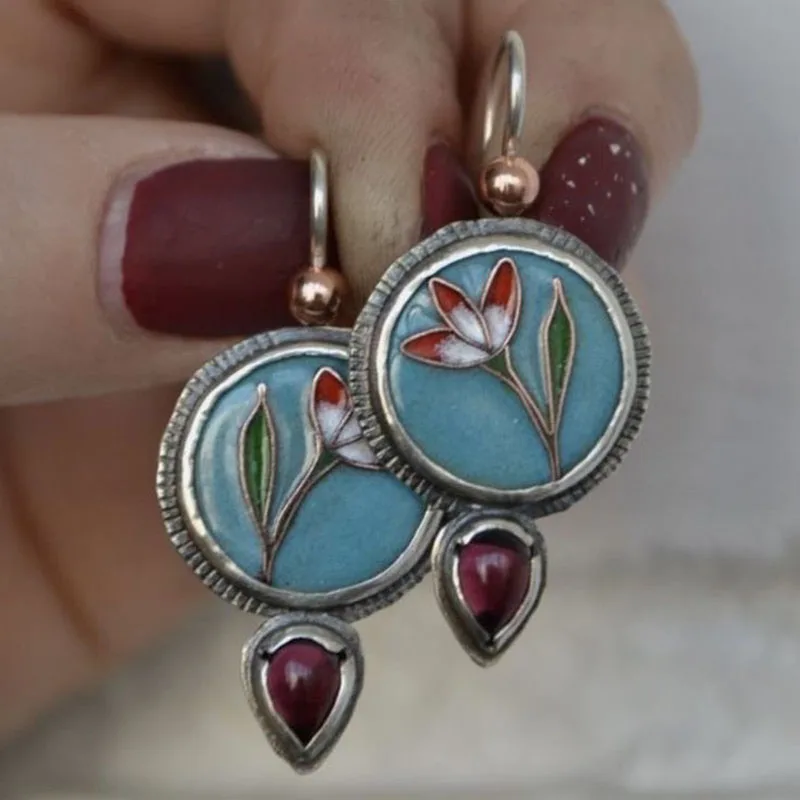 New Creative Leaf Flower Teardrop orecchini in pietra rossa gioielli Chic femminili orecchini rotondi in smalto blu regalo