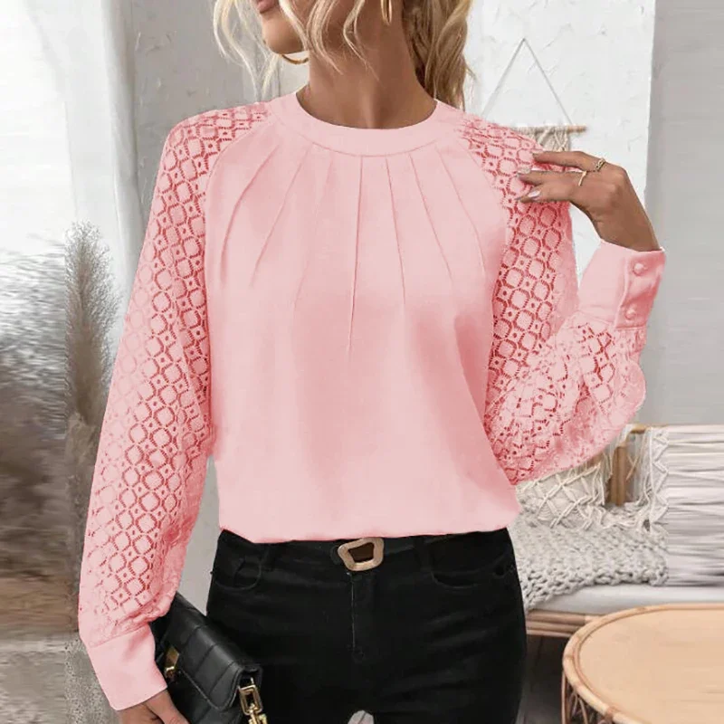 Elegant Long Sleeve Blouse Woman O Neck Lace Sleeves Black Pink Blue Red White Shirt Women Casual Loose Pullover Autumn Tops