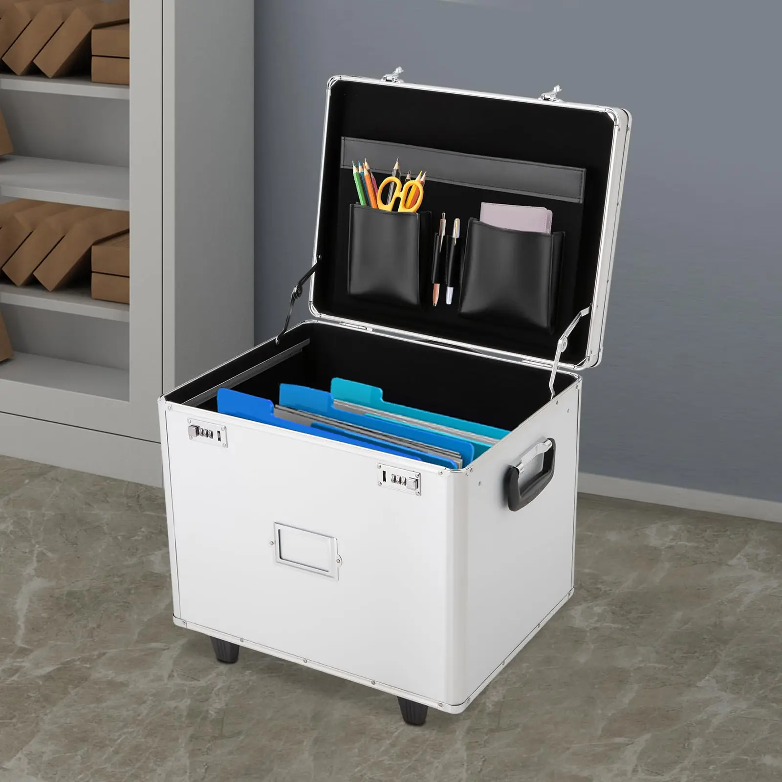 กล่องจัดระเบียบแฟ้มกลิ้ง, L19.2 * D15 * H16In ล็อคตู้เก็บเอกสารพร้อมรหัสล็อคและที่จับยืดไสลด์, แบบพกพา