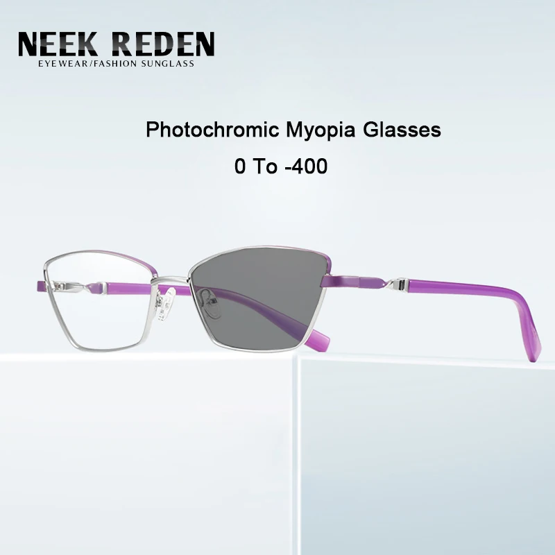 

Rectangle Cat Eye Photochromic Myopia Glasses Women Purple Alloy Frame Prescription Nearsighted Eyelasses 0 -0.5 -0.75 -3.75