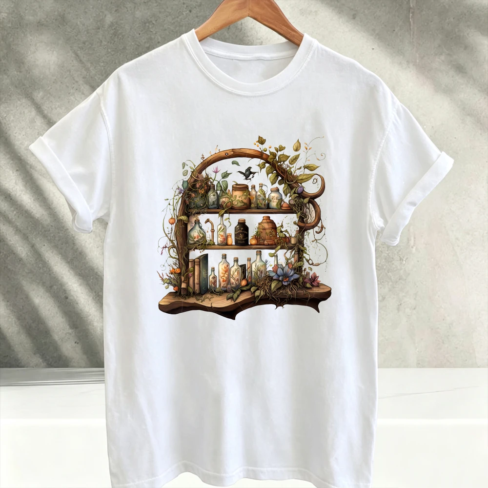 Vintage Witch Apothecary Shelf Potion Bottle Botanical Graphic T‑Shirt Men Cottagecore Herbal Magic Witchy Art Print Casual Tops