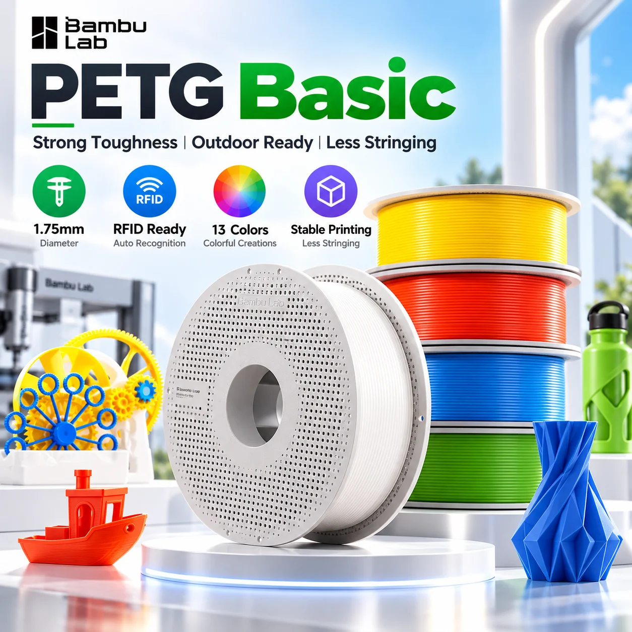 Bambu Lab PETG Basic Filament 1.75mm 1kg RFID 13 Colors Tough Low Stringing Outdoor 3D Printer Material for AMS