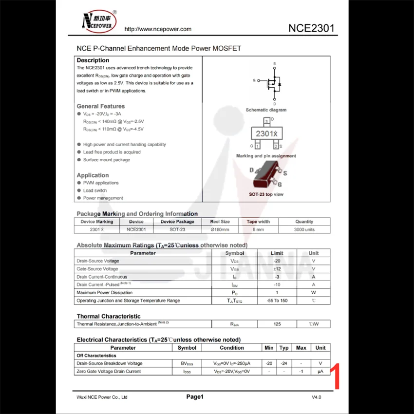 NCE2301 SOT-23-20V /-3A p-channel MOS FET energi bersih baru