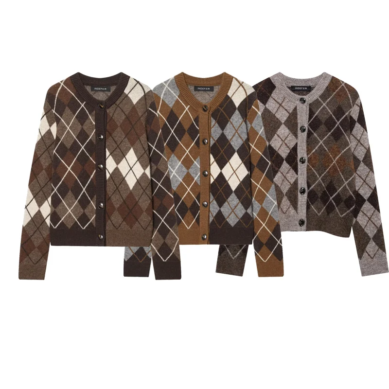 

Осенний вязаный кардиган с круглым вырезом и ромбовидным клетчатым узором, длинными рукавами, женский элегантный однобортный свитер, пальто, женская повседневная одежда
