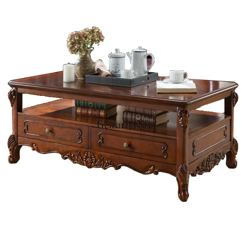 

1LXAmerican solid wood living room coffee table retro storage with pumping rectangular coffee table