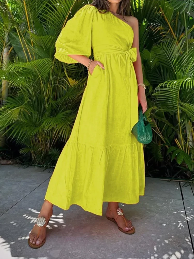 

Spring Autumn New Women's Fashion Bubble Nine Cent Sleeve Sexy Slant Neck Off Shoulder Mid Length Strap Waist Cotton Hemp Dress