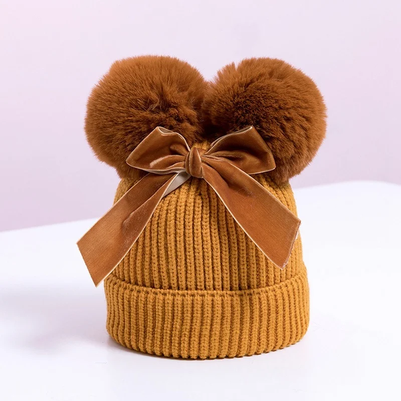 Cute Bow Baby Hat Winter Thicken Warm Knitted Caps With Double Pompom Infant Boys Girl Beanie Cap High Quality Girls Bonnet