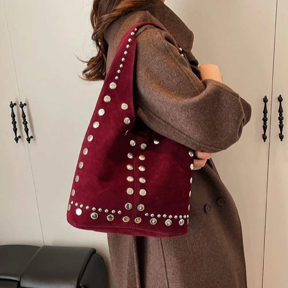 Unique Casual Vintage Suede Shoulder Bag Frosted Finish Solid Color Rivet Tote Bag Soft Large Capacity Underarm Bag Shopping