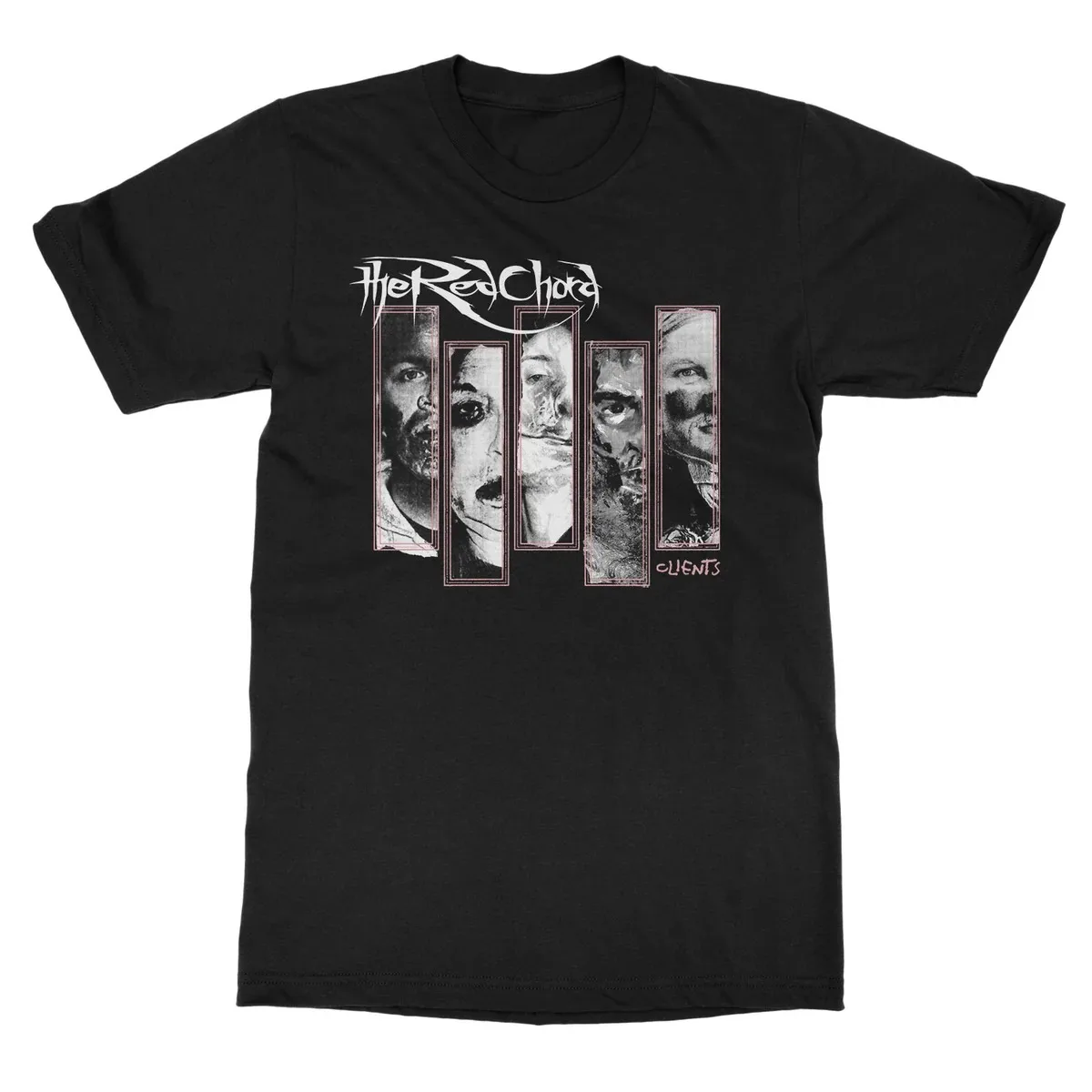 The Red Chord Clients Album Portrait Print T Shirt, Vintage Grungy Artwork of Distorted Human Faces in Frames Graphic