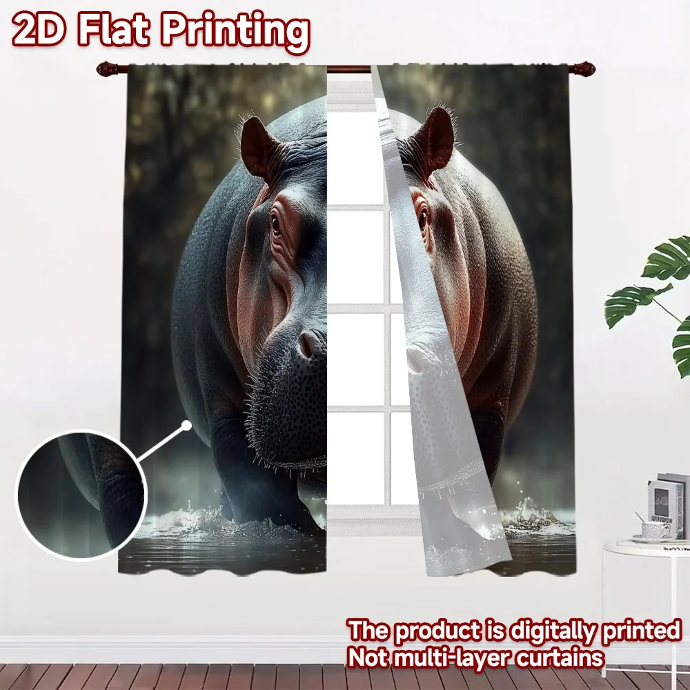 2D flat 2pcs Curtain Country Style Hippo Standing in Water Digitally printed polyester, colorfast Birthday Party for Oversized