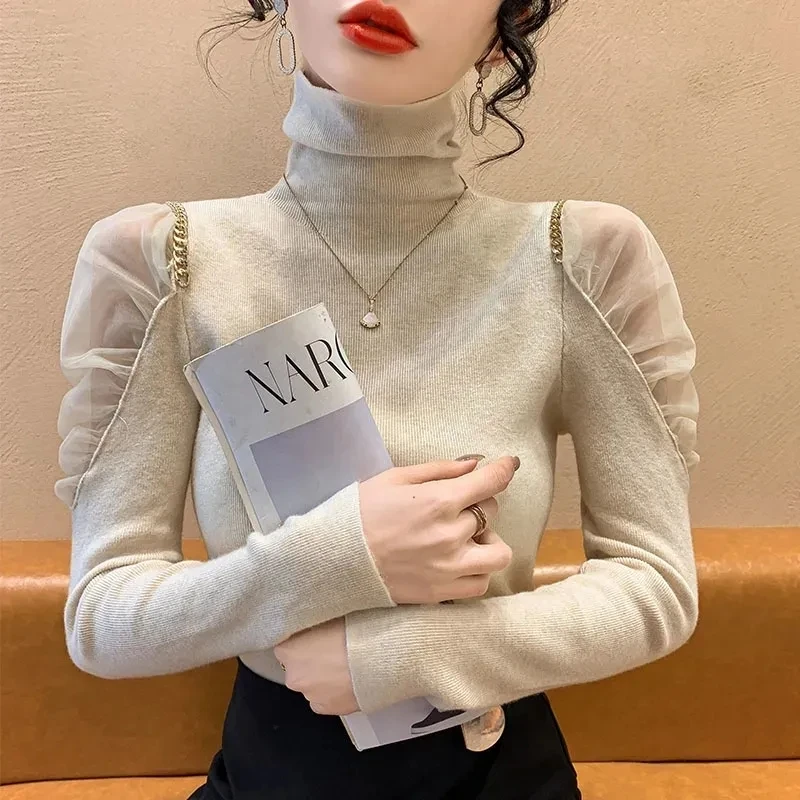 

European Sle High Ne Me oulder Bared Slim Fit Base irt Casual Women's Top Long Sve Polyester Fiber Blouse