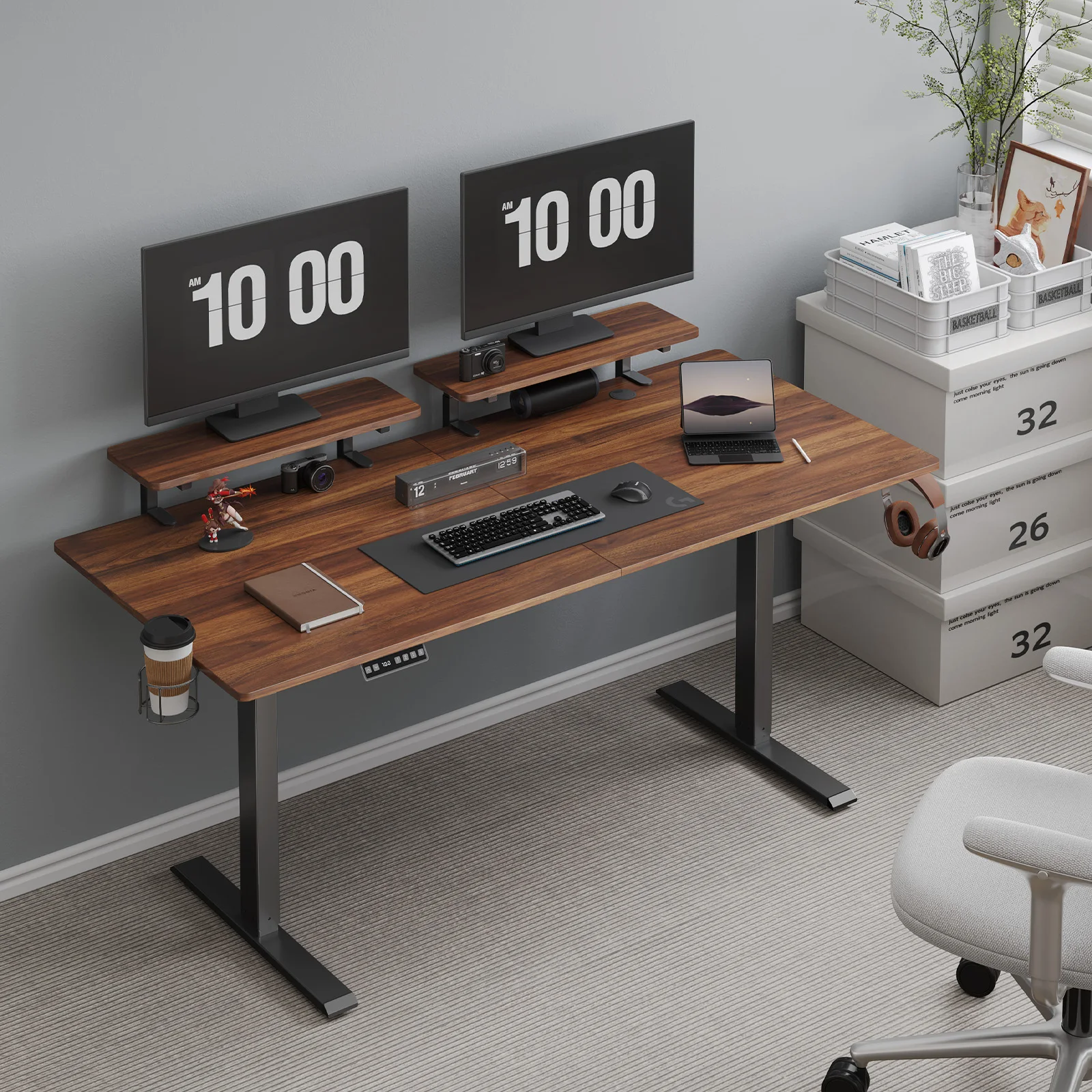 Standing Desk W/ 2 Adjustable Monitor Shelves,Electric Stand Up Desk With Memory Controller & Adjustable Height