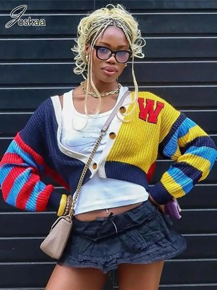 Joskaa-Pull cardigan à col en V pour femme, patchwork coloré, lettre imprimée, manches longues, manteau en tricot boutonné, Y2K, OupillStreetwear