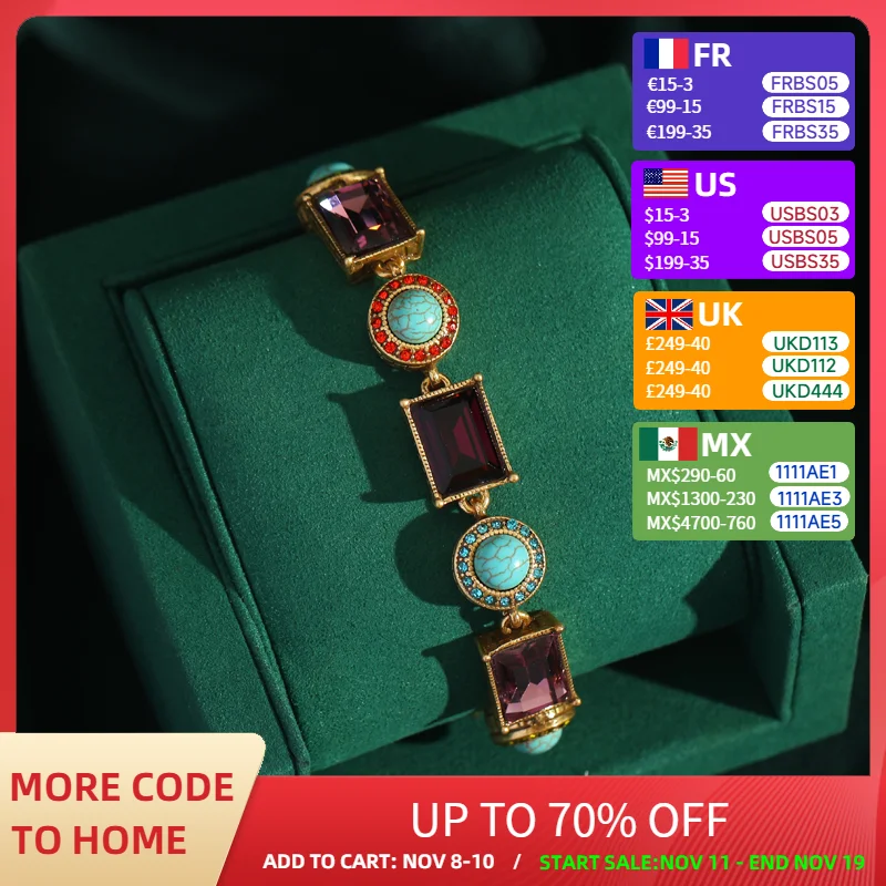 

Vintage Bracelets with Rectangle Amethyst Round Blue Natural Stone Candy Accessories Luxury Designer Antique Gold Color Jewelry