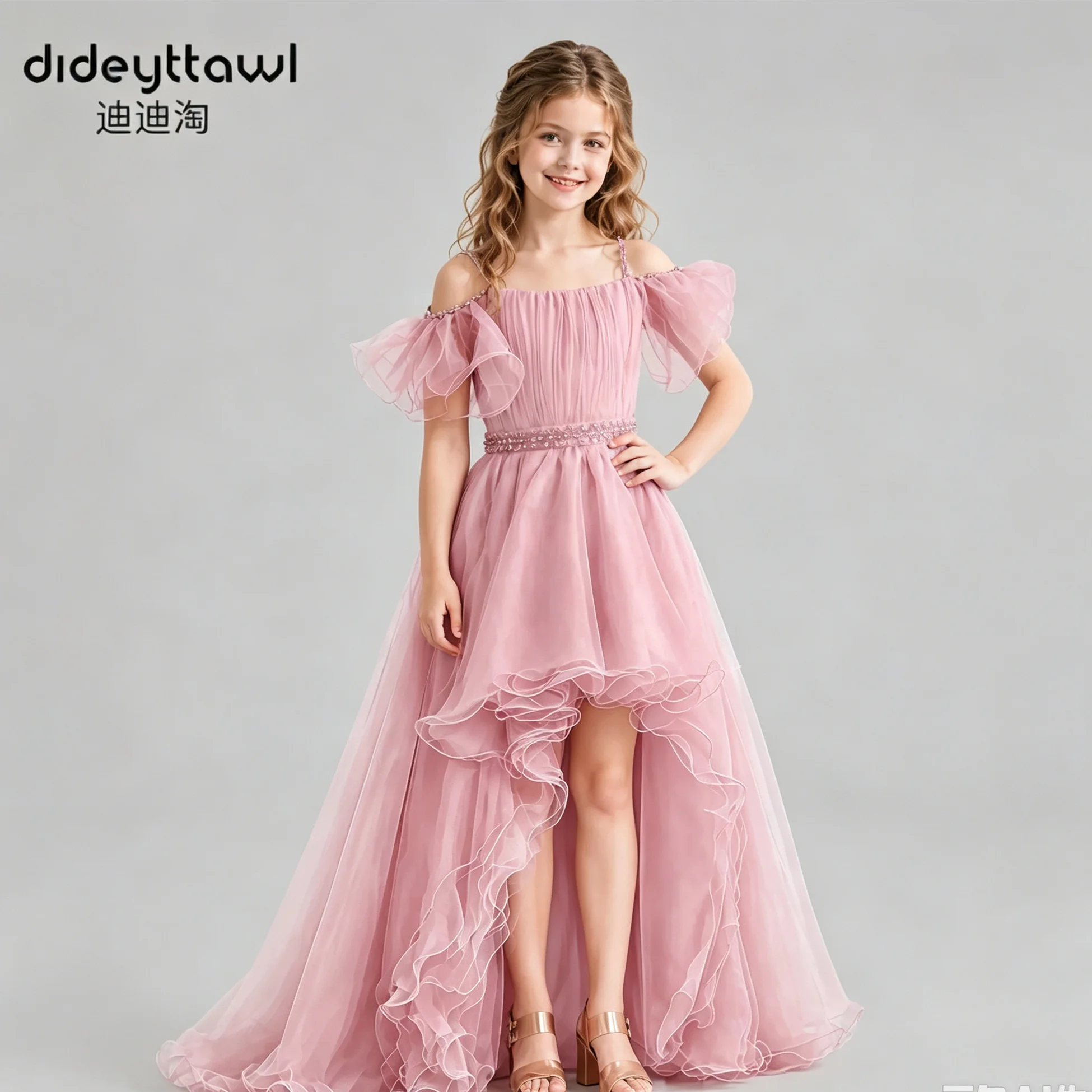 Dideyttawl Flower Girl Dress Puff Sleeve Satin Short Gown V Back Big Bow Kids Wedding Party Dress Multiple Colors Girls Birthday