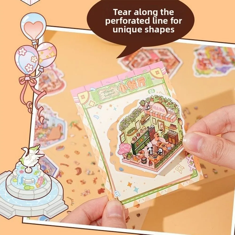 귀여운 애완동물 미니어처 장면 스티커 북 미니 비주얼 스태킹 DIY 풍경 스티커 북 3D 포켓 캐빈 장면 스티커