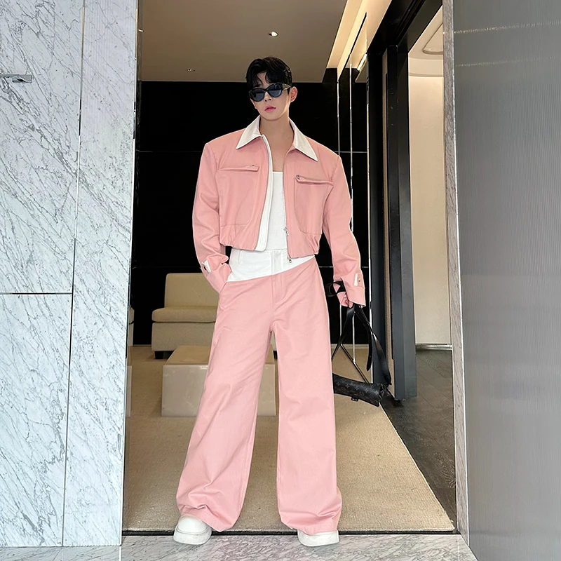 2025 Spring New Contrast Color 2pcs Masculinity Faux Leather Zipper Fashion Handsome Suit Sets Men Wide-Leg Pants Two-Piece Sets