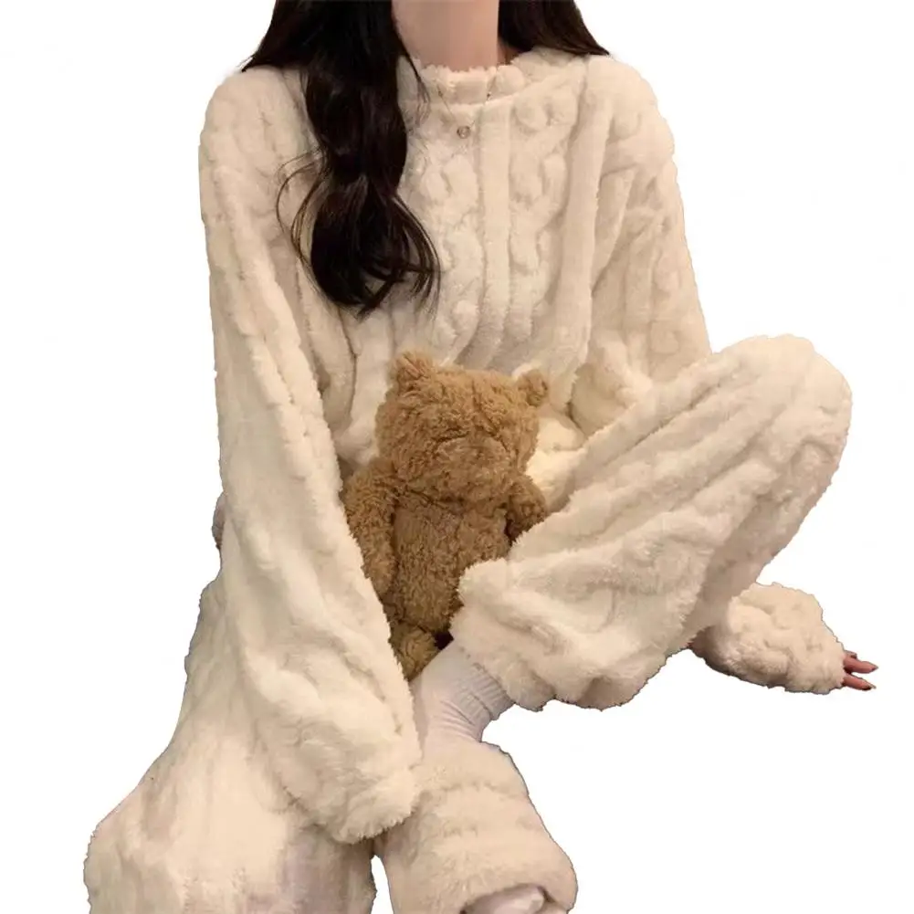 

Женский флисовый пижамный комплект, пушистый пуловер, комплект одежды для сна из двух предметов в рубчик, зимний нечеткий комплект для отдыха из шерпа