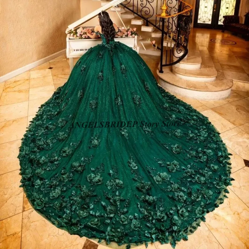 Angelsbridep Emerald Green Quinceanera Dresses Ball Gown Dress Off The Shoulder Birthday Gowns 3D Flowers Beads Tulle Corset New