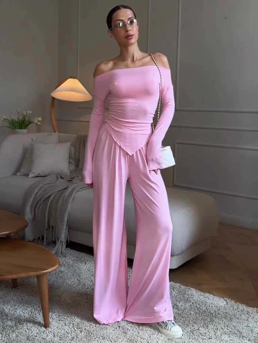 Parc Fee Fashion Slim Pink Knitted Women's 2-Piece Sets Sexy Long Sleeve Shirt With High Waist Wide Pants Set Female Clothing