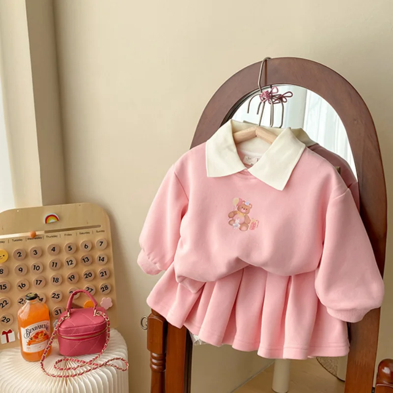 Girls Sweatshirts +Skirts Kids Suits 2PCS/Set 2023 Apricot Spring Autumn Cotton High Quality Sport Uniforms Children Clothing