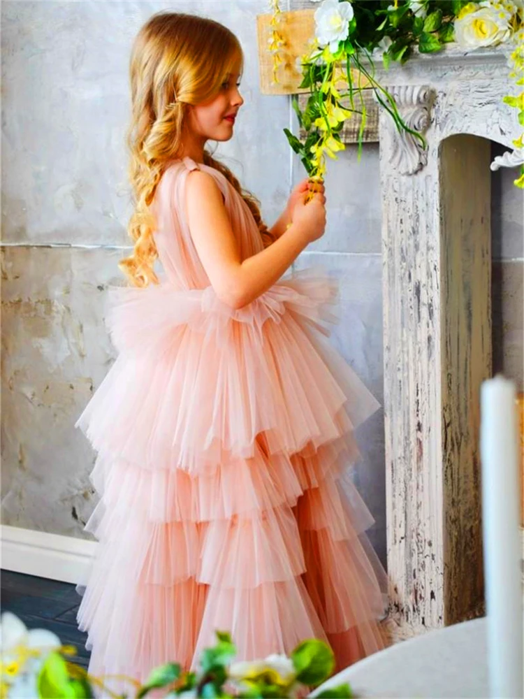 Puffy Tulle Flower Girl Dress For Wedding Pink Layered Sleeveless Pageant Elegant First Communion Dress Kids Party Ball Gown